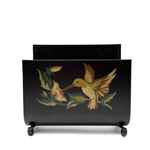 Vintage Toleware Black Metal Hand Painted Hummingbird Napkin Letter Holder